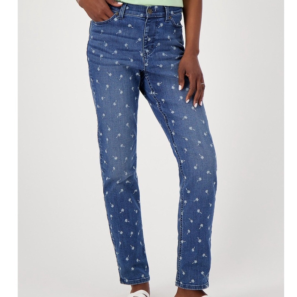 Denim & Co Easy Stretch Easy Fit Printed Motif Palm Tree Jean Light Wash Plus 20